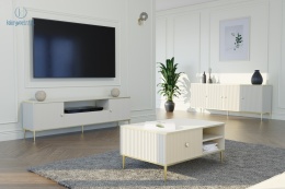 BIM FURNITURE - designerska szafka RTV w stylu glamour z szufladą PETRA 2D1S, 180x55 cm - kolor kaszmir/beż