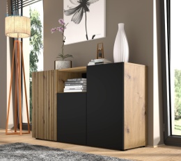 BIM FURNITURE - nowoczesna/loftowa komoda AURIS 3D, 135x82 cm - dąb artisan/czarny